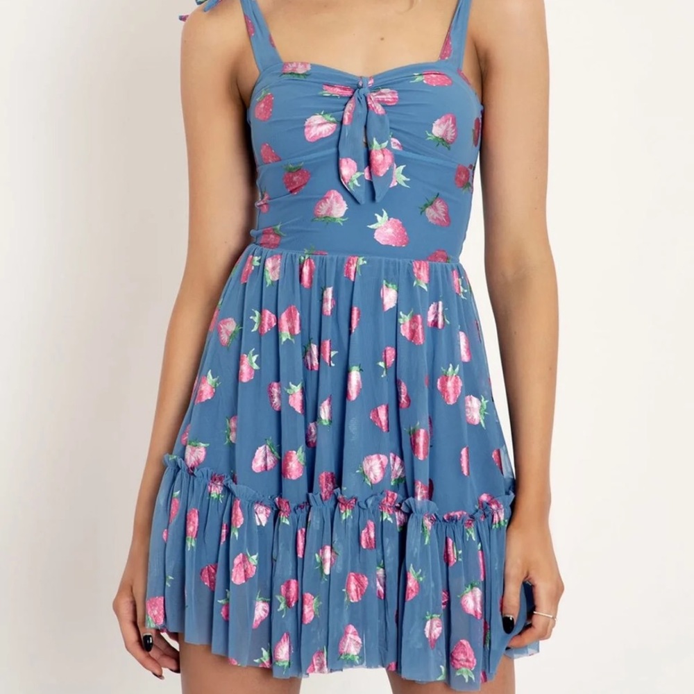 Blackmilk Strawberries Blue Sweet Tie Short Dress - Limited Size S View 3